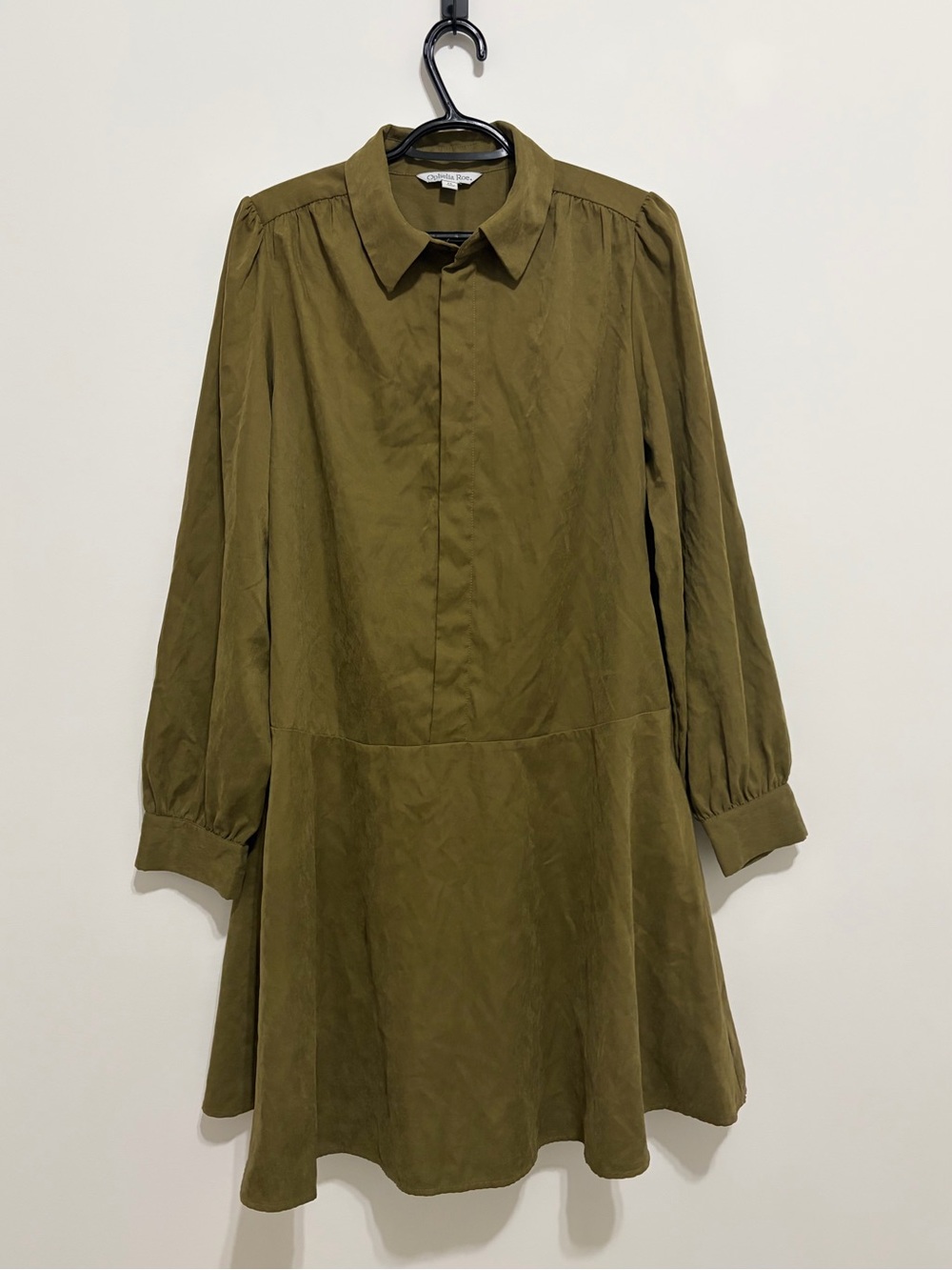 Ophelia Roe Olive Green Long Sleeve Collared Dress with Pockets